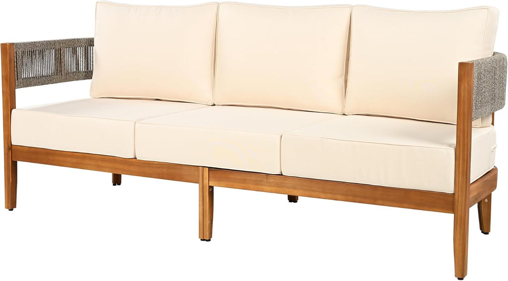 Christopher Knight Home Rekker Patio Acacia Wood 3-Seater Sofa, Patio Furniture Set 3-Seater Outdoor Sofa, Tub Design Outdoor Couch with Woven Rope and Removable Cushion,Comfy Reading Chair,Teak+Beige
