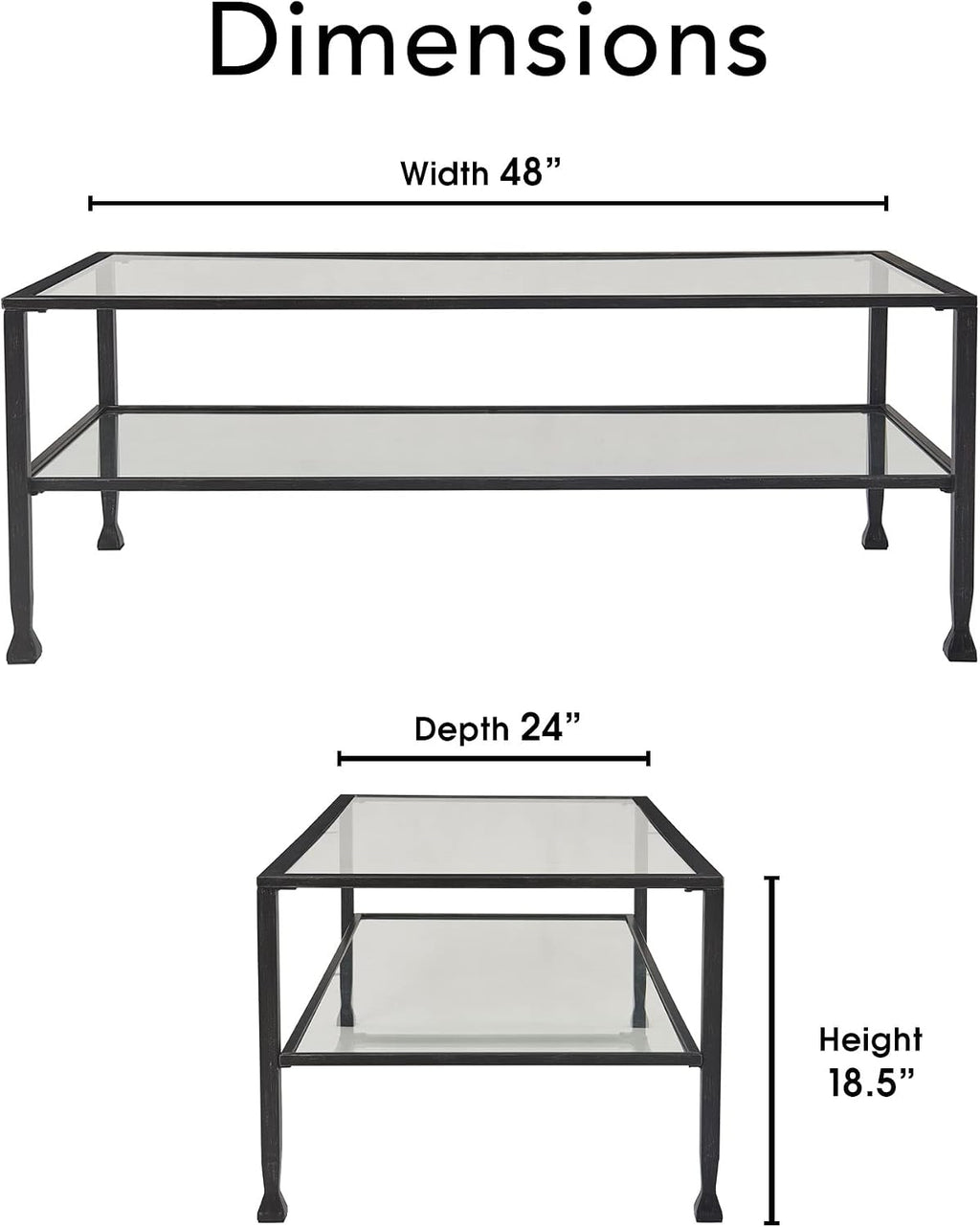 ClickDecor Maddox 2-Tier Tempered Glass Coffee Table with Metal Frame, Console, Living Room Accent Furniture, Rectangular Top with Storage Shelf, Easy Assembly, 48 Inch, Black