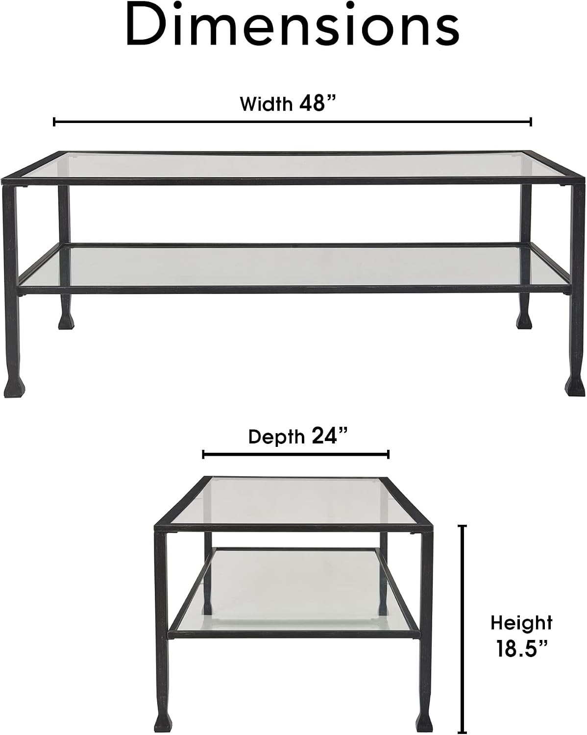 ClickDecor Maddox 2-Tier Tempered Glass Coffee Table with Metal Frame, Console, Living Room Accent Furniture, Rectangular Top with Storage Shelf, Easy Assembly, 48 Inch, Black