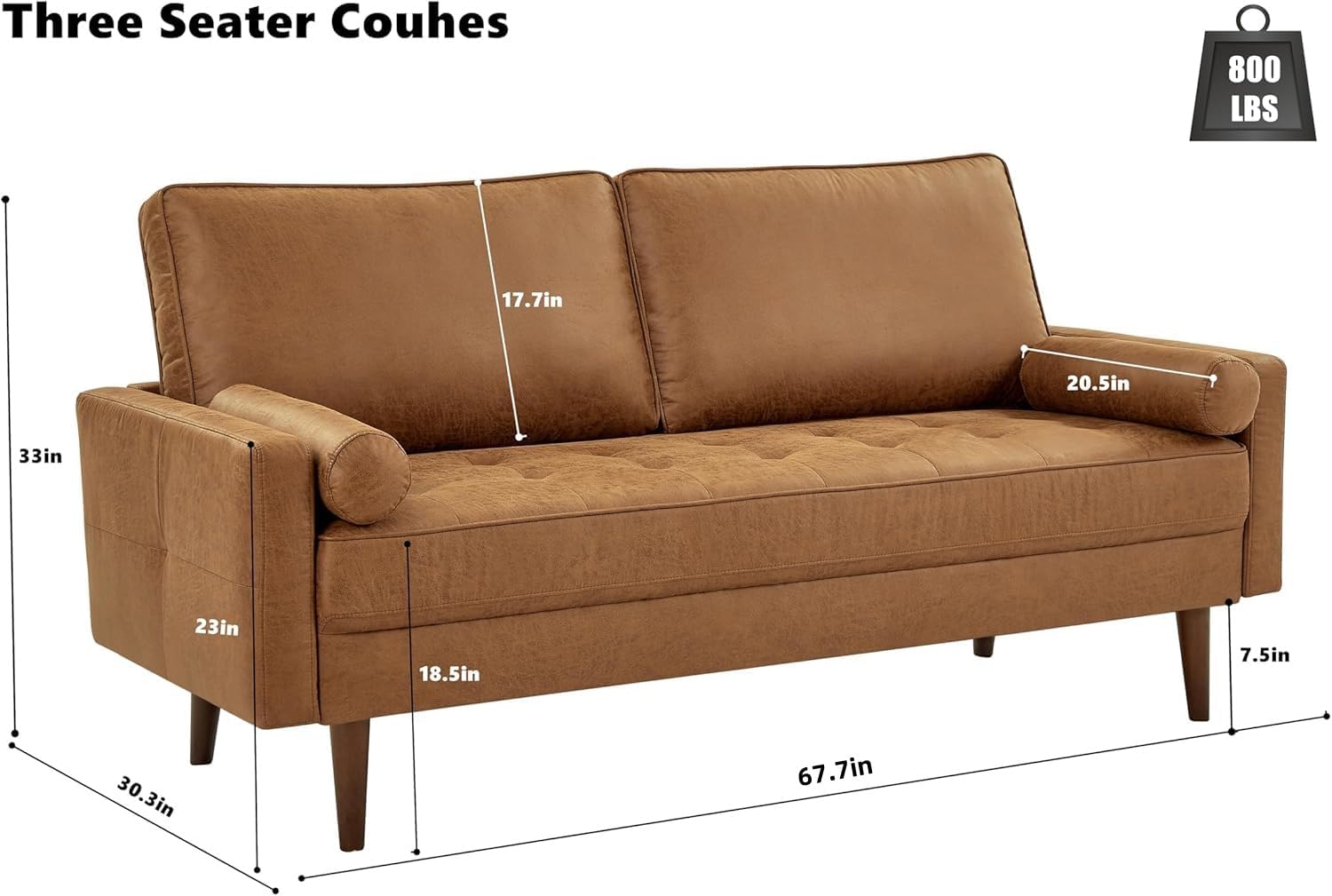 HIFIT 68'' Sectional Couches Set for Living Room, Mid Century Modern Faux Leather Sofa Couch w/Tufted Deep Love Seat & 2 Pillow, Home Sofa Living Room Small Couch for Bedroom, Office, Apartment, Brown