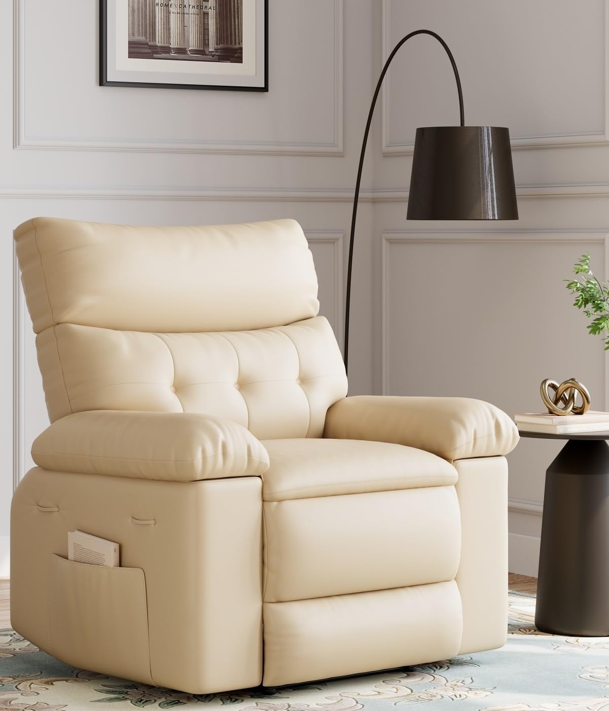 GarveeHome Oversized 27' Recliner Chairs, Classic Manual Leather Recliner, Home Theater Seating with Lumbar & Arms Support for Living Room, Bedroom and Nursery - Beige