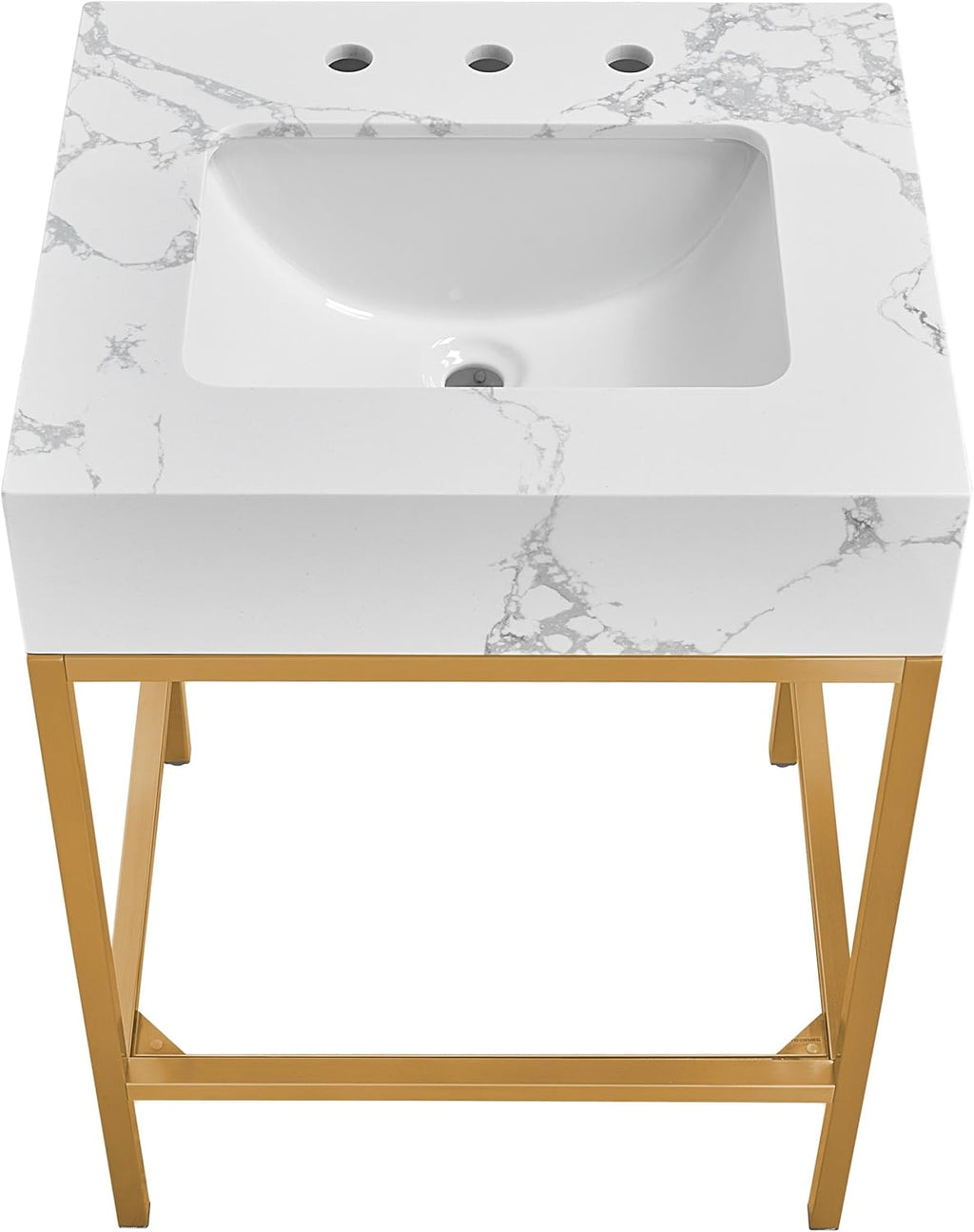 Meridian Furniture 406White-24 Marmo Collection Modern | Contemporary Bathroom Vanity with White Engineered Stone with Grey Veining, Brushed Brass Stainless Steel Base, 24' W x 21' D x 34' H, White
