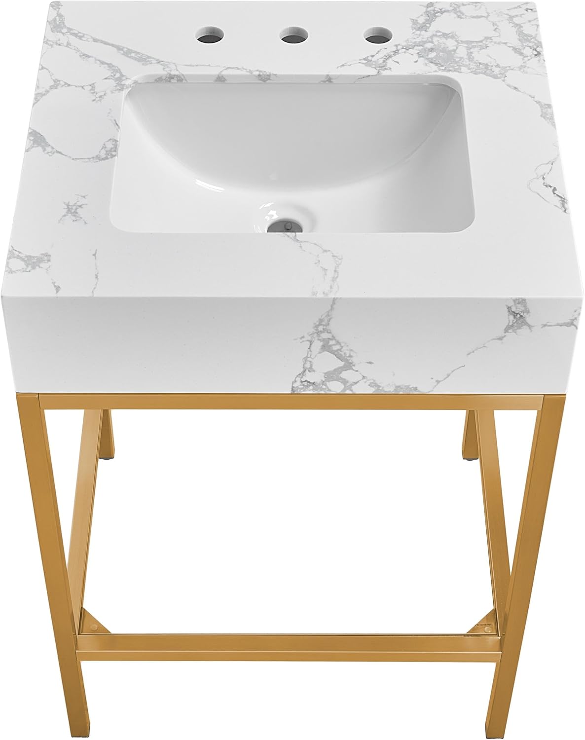 Meridian Furniture 406White-24 Marmo Collection Modern | Contemporary Bathroom Vanity with White Engineered Stone with Grey Veining, Brushed Brass Stainless Steel Base, 24' W x 21' D x 34' H, White