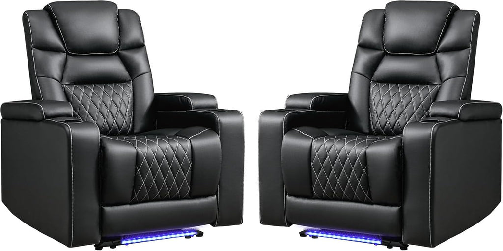 ANJ Power Home Theater Recliner Chair Set of 2, Electric Movie Theater Seating Reclining Chairs with Cup Holders for Living Room, Faux Leather with Blue LED, USB Ports, Hidden Arm Storage (Black)