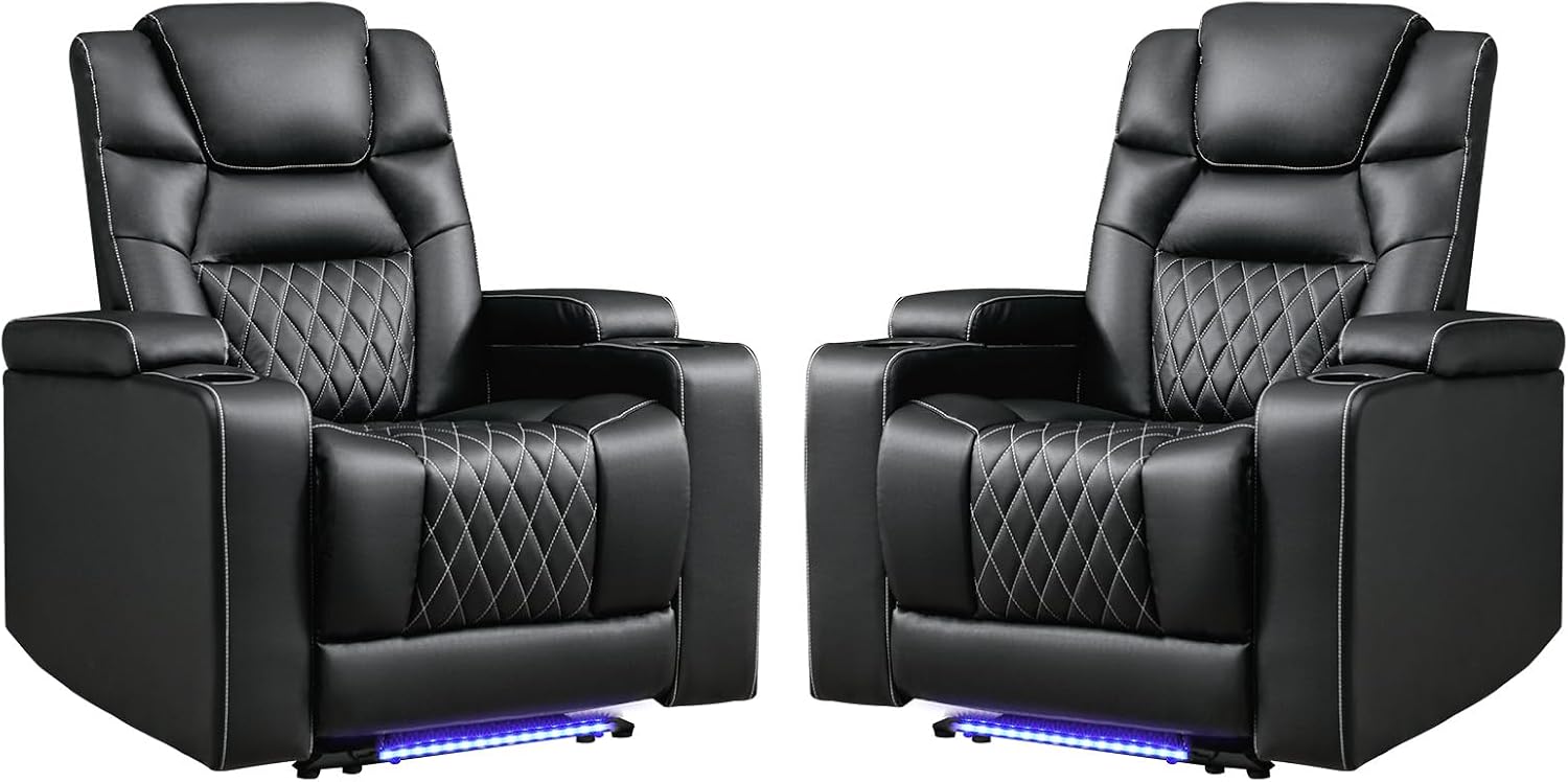 ANJ Power Home Theater Recliner Chair Set of 2, Electric Movie Theater Seating Reclining Chairs with Cup Holders for Living Room, Faux Leather with Blue LED, USB Ports, Hidden Arm Storage (Black)