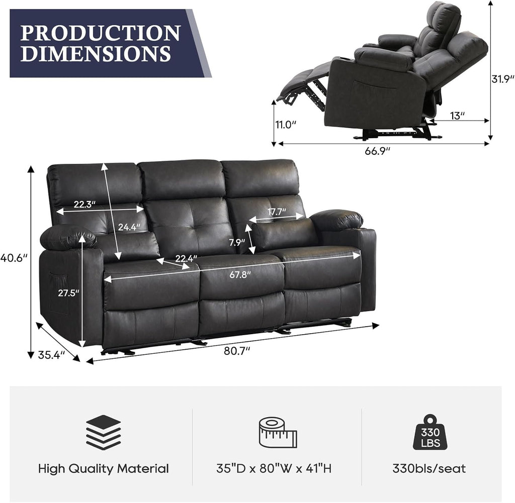 Power Reclining Sofa with Heat and Massage, Electtric Reclining Couch with Extended Footrest, Recliner Sofa 3 Seater with USB Ports, Cup Holders for Living Room, Home Seating