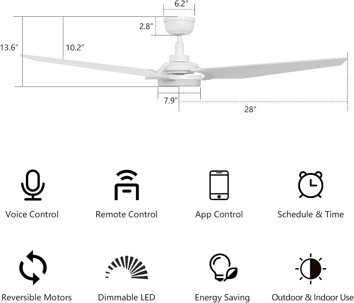 SMAAIR White Ceiling Fan with Light, 56 Inch 3 Blade Low Profile Ceiling Fan with Light and 10 Speed DC Motor, Works with APP/Alexa/Google Assistant/Siri Shortcuts