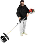 Mini Tiller Cultivator, 51.7cc 2-Stroke 1.45KW Engine, 9 in Tilling Width 3.5 in Depth Portable Gas Powered Lawn Tiller, Long Shaft Cordless Handheld Garden Cultivator for Weeding, Soil Breaking