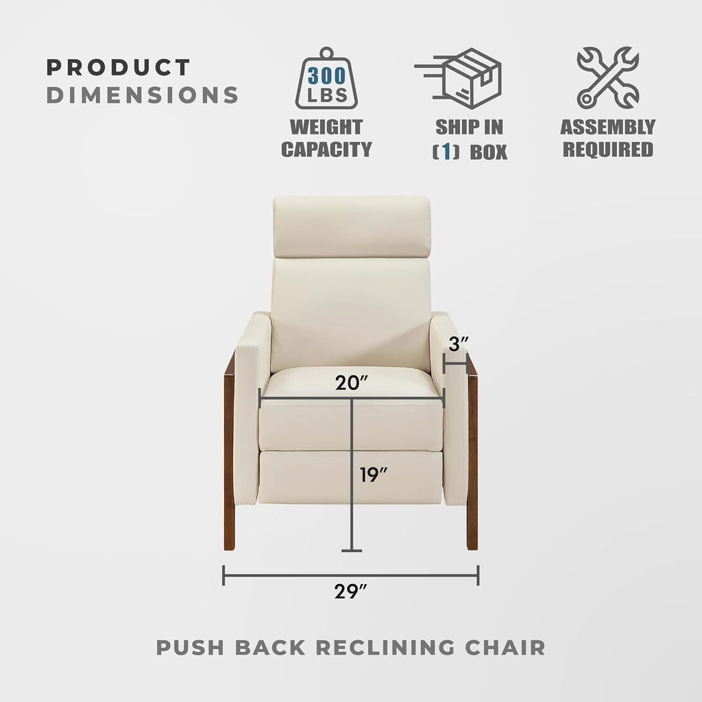 Lexicon Push Back Recliner Chair, Faux Leather Upholstered Reclining Chair with Footrest, Exposed Dark Brown Finish Wood Frame, Small Recliner for Small Space, Living Room, Bedroom, Light Beige