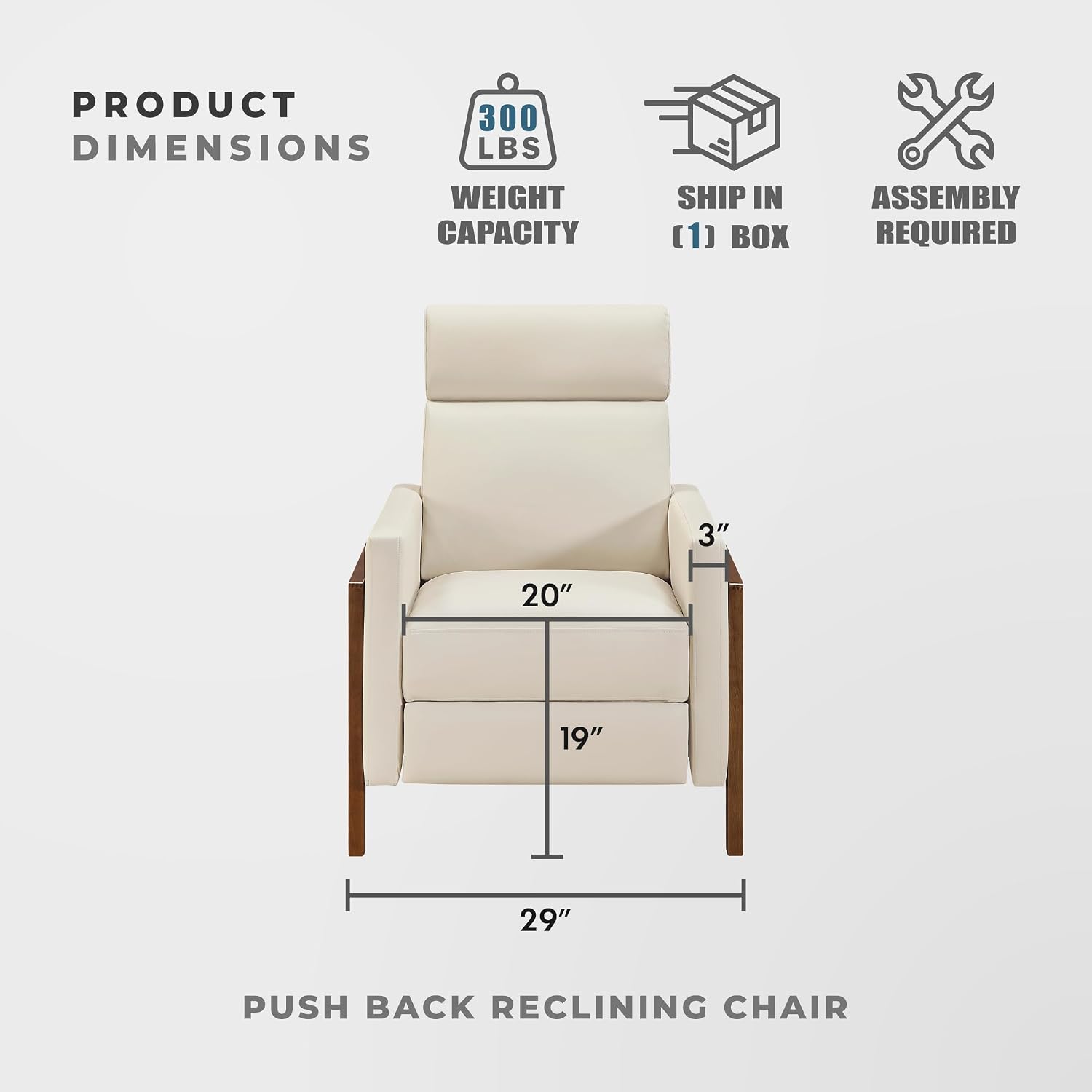 Lexicon Push Back Recliner Chair, Faux Leather Upholstered Reclining Chair with Footrest, Exposed Dark Brown Finish Wood Frame, Small Recliner for Small Space, Living Room, Bedroom, Light Beige