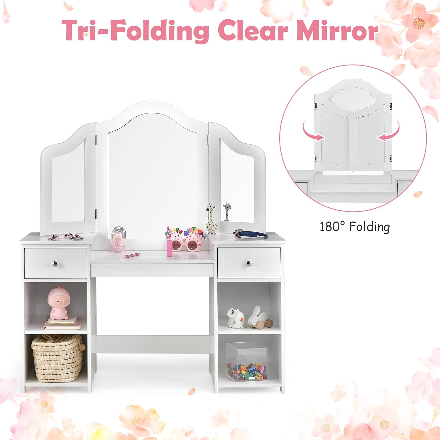 AKUSTIK Kids Vanity, 2 in 1 Wooden Princess Makeup Table and Chair for Toddlers with Tri-Folding Detachable Mirror, Storage Drawers for Little Girls, Pretend Beauty Dressing Desk Play Set Toy Gift