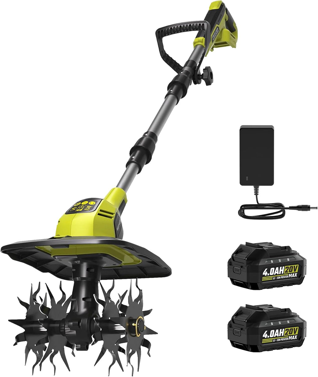 SEYVUM Cordless Tiller for Gardening, 20V 2 X 4.0Ah Battery Powered Cultivator, 9-in Tilling Width and 7-in Depth Electric Rototiller, 360 RPM Garden Tiller for Soil Cultivation