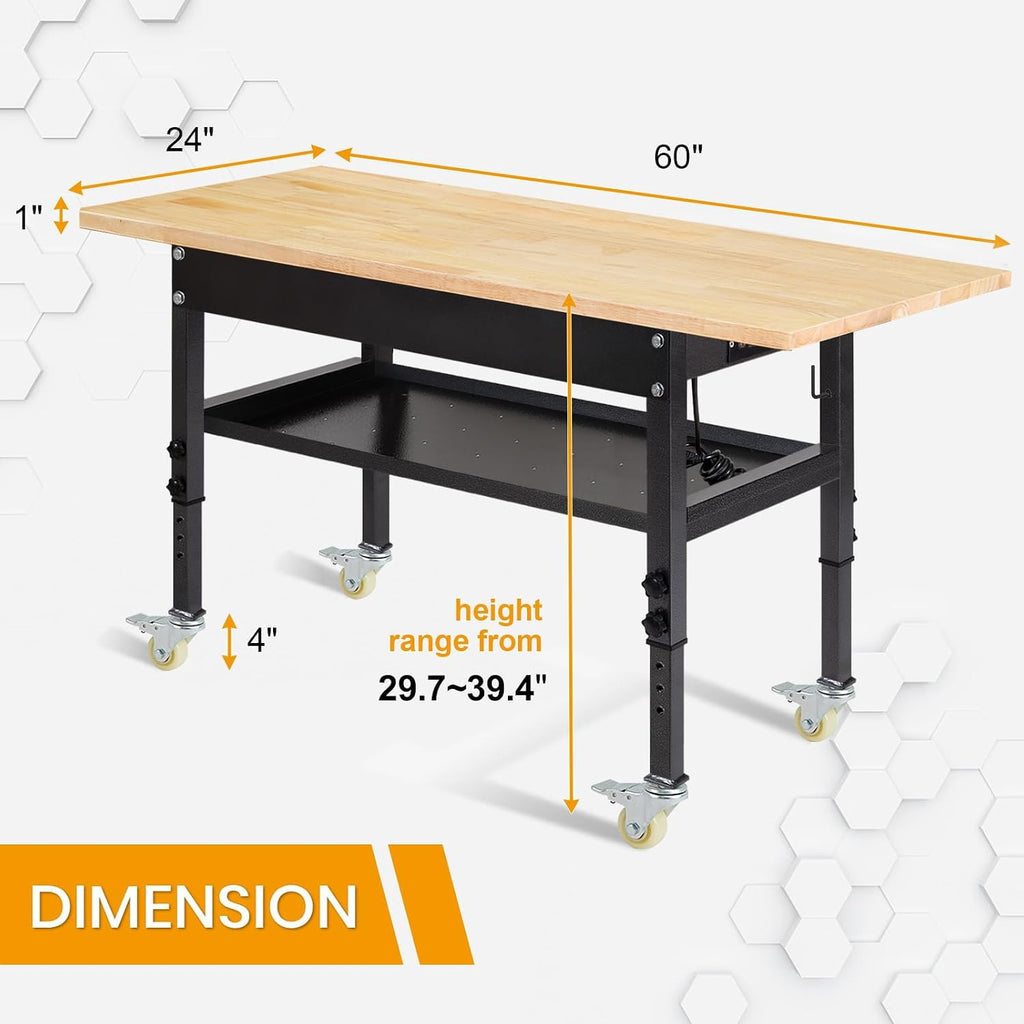 48'/60'' Adjustable Workbench, Rubber Wood Top Work Bench Heavy-Duty Work Table with Power Outlet, Wheels, Partition 2000 LBS Load Capacity Hardwood Work Benches for Garage, Workshop, Home, Office