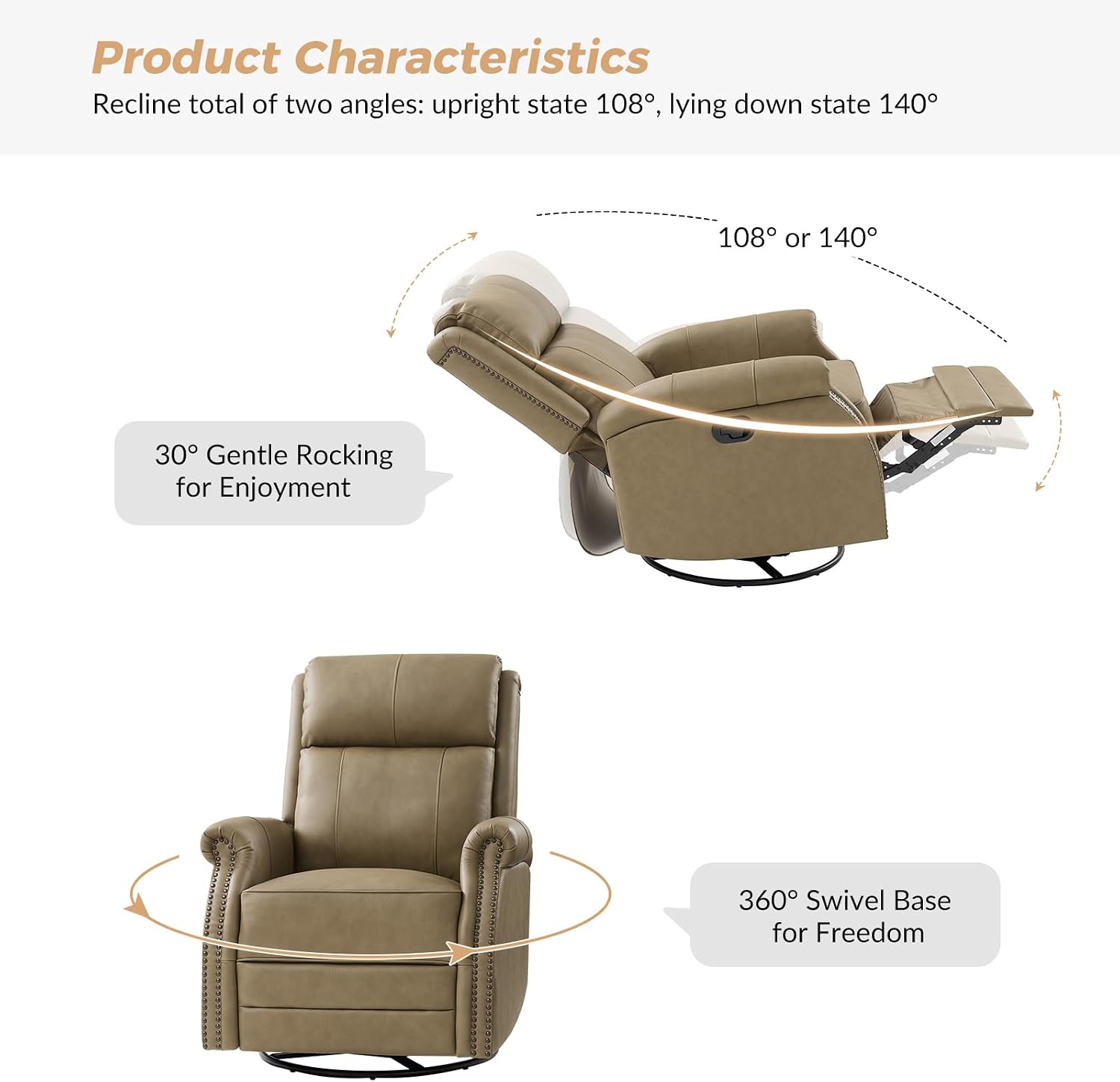 HULALA HOME Genuine Leather Swivel Rocker Recliners Set of 2 with Adjustable Backrest & Footrest,Manual Glider Recliner Chair with Swivel Base, Home Theater Sofa Armchair for Living Room Bedroom,TAUPE