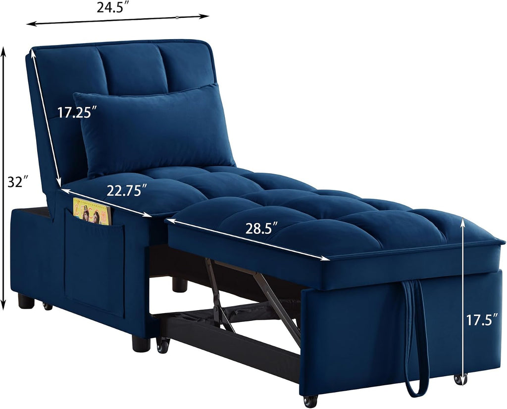 3 in 1 Convertible Sleeper Sofa Chair, Velvet Tufted Single Pull Out Couch Bed with Adjustable Backrest and Pillow, Multi-Function Chaise Lounge with Pockets, for Livingroom, Home Office,Navy
