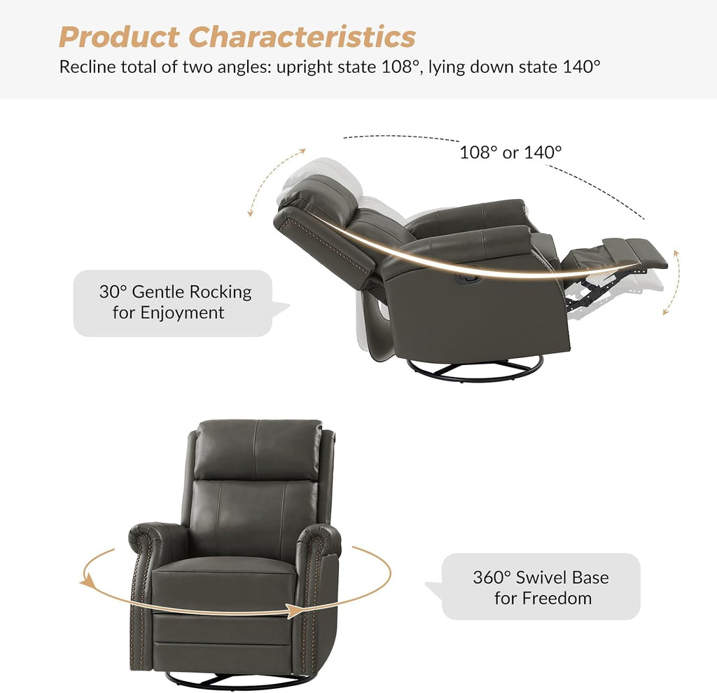 HULALA HOME Genuine Leather Swivel Rocker Recliner with Adjustable Backrest & Footrest, Manual Glider Recliner Chair with 360°Swivel Base, Home Theater Sofa Armchair for Living Room Bedroom, Grey
