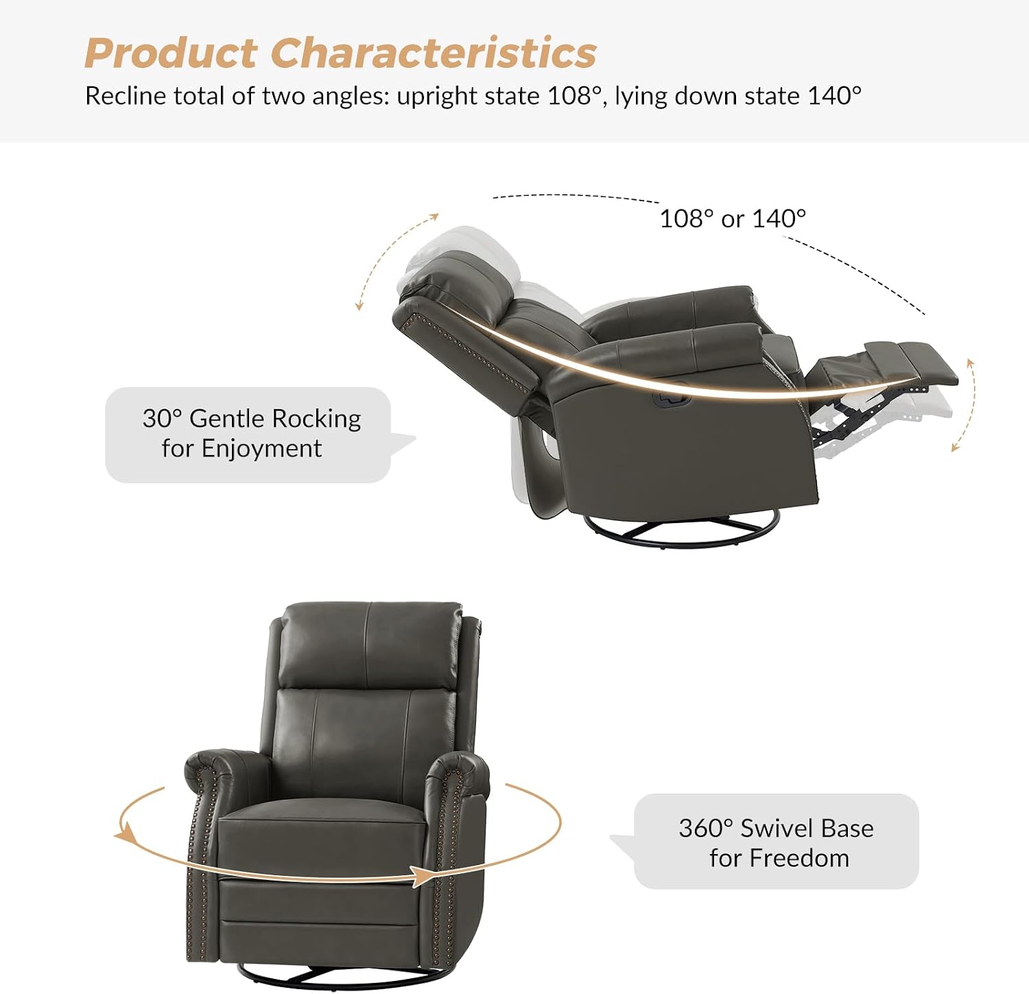 HULALA HOME Genuine Leather Swivel Rocker Recliner with Adjustable Backrest & Footrest, Manual Glider Recliner Chair with 360°Swivel Base, Home Theater Sofa Armchair for Living Room Bedroom, Grey