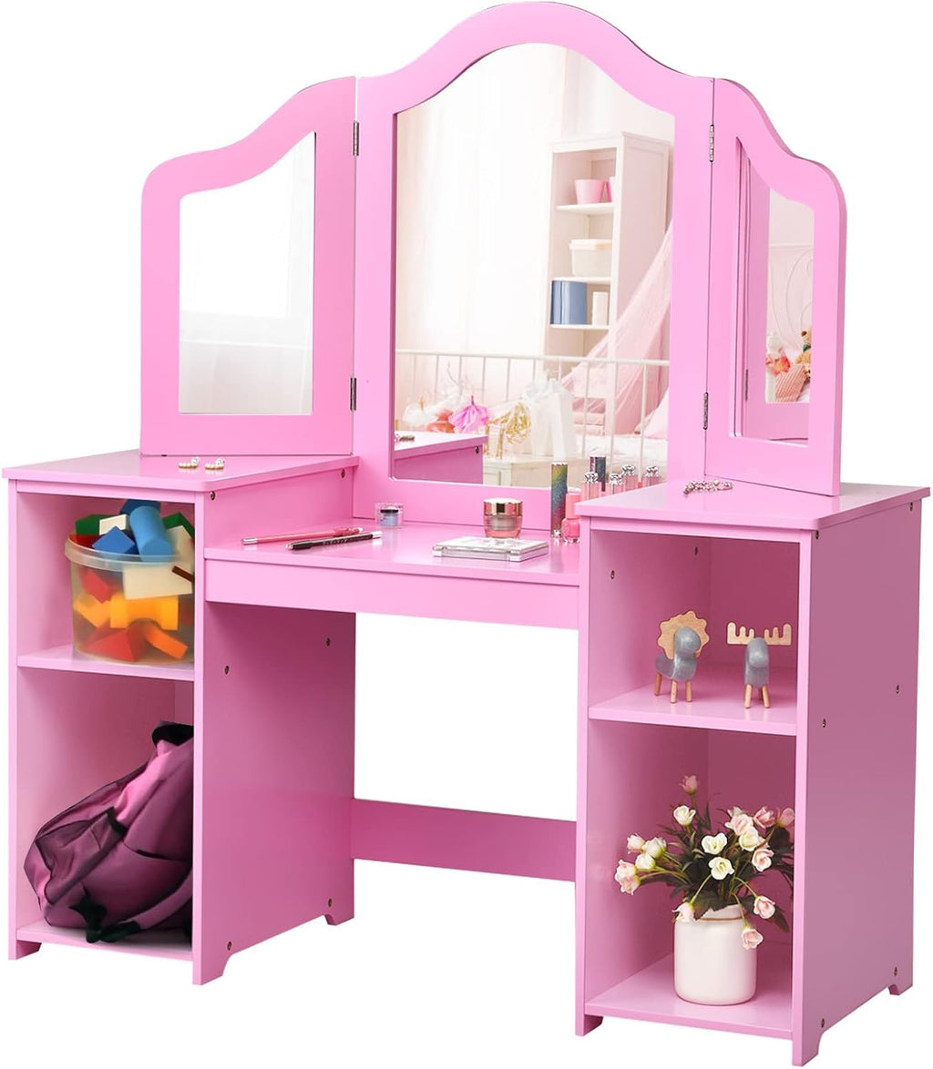 INFANS Kids Vanity, 2 in 1 Princess Makeup Desk Set with Tri-Folding Detachable Mirror, Large Storage Shelves, Wooden Dressing Table,Pretend Play Vanity Set for Girls
