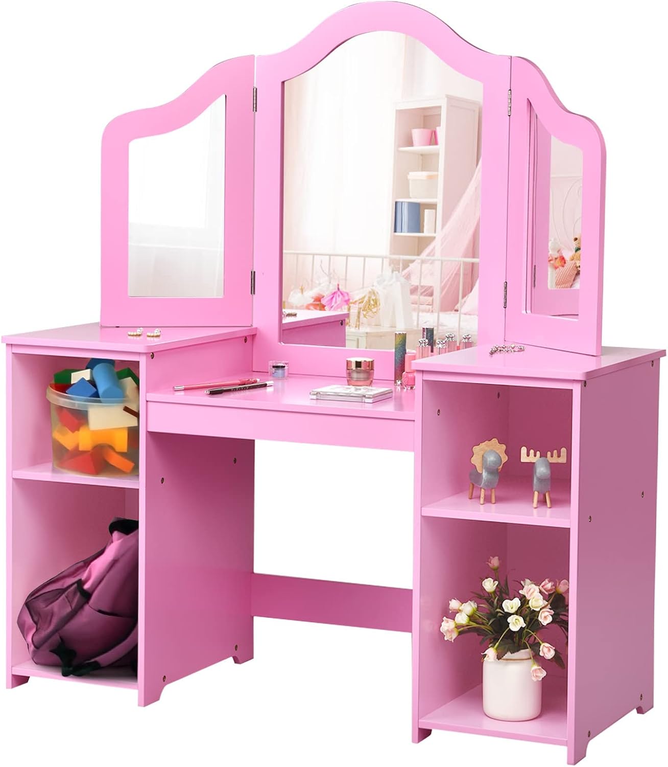 INFANS Kids Vanity, 2 in 1 Princess Makeup Desk Set with Tri-Folding Detachable Mirror, Large Storage Shelves, Wooden Dressing Table,Pretend Play Vanity Set for Girls