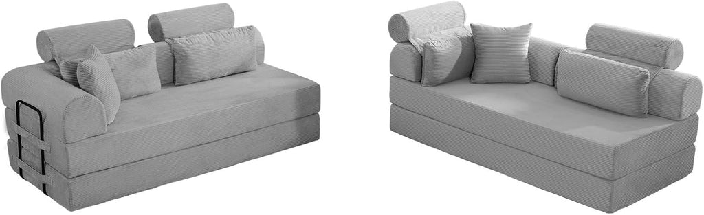 KEIKI 6-in-1 Folding Convertible High Back Sofa Sleeper, 106' Oversized Modular Sectional Corduroy UpholsteredL Shape Couches for Living Room, High-Density Foam Chaise Lounge Indoor, Light Gray