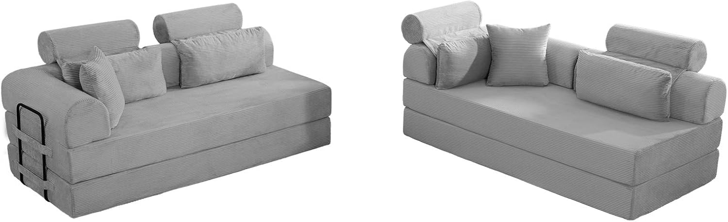 KEIKI 6-in-1 Folding Convertible High Back Sofa Sleeper, 106' Oversized Modular Sectional Corduroy UpholsteredL Shape Couches for Living Room, High-Density Foam Chaise Lounge Indoor, Light Gray