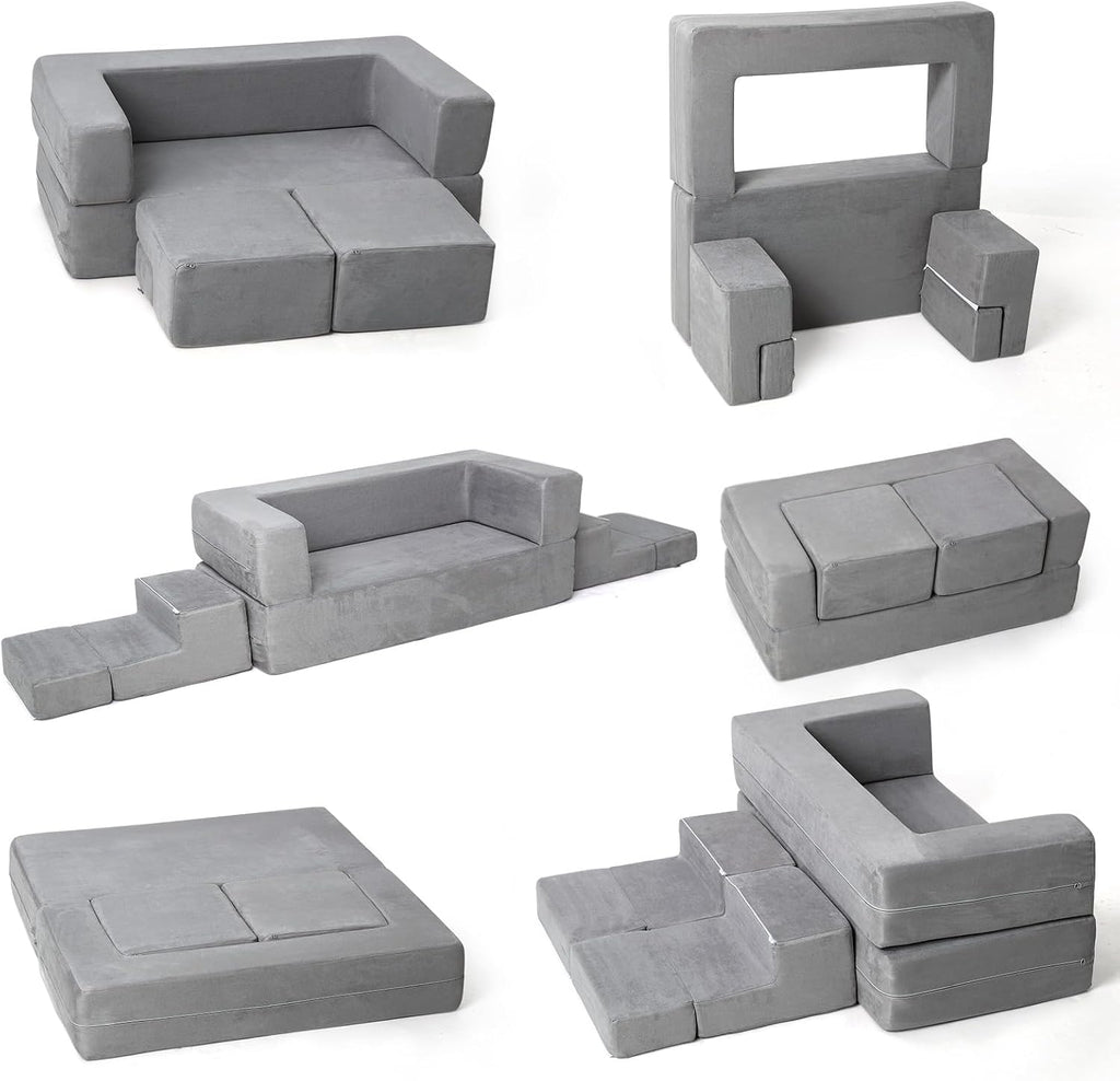 Kids Couch Toddler Play Couch for Bedroom Playroom, 3 in 1 Sectional Sofa for Kids' Play and Rest, Modular Mini Couch for Kids, Grey