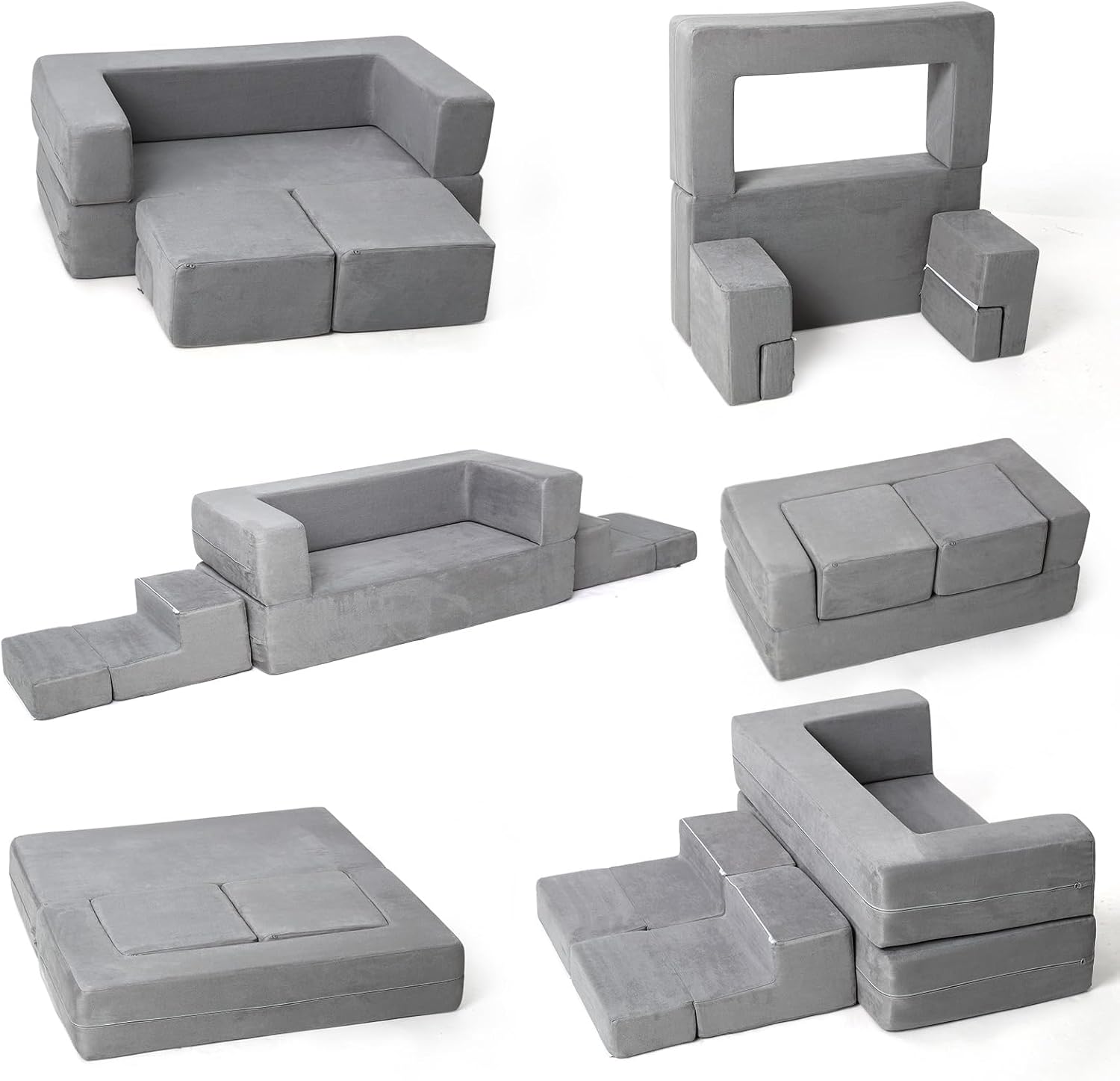 Kids Couch Toddler Play Couch for Bedroom Playroom, 3 in 1 Sectional Sofa for Kids' Play and Rest, Modular Mini Couch for Kids, Grey