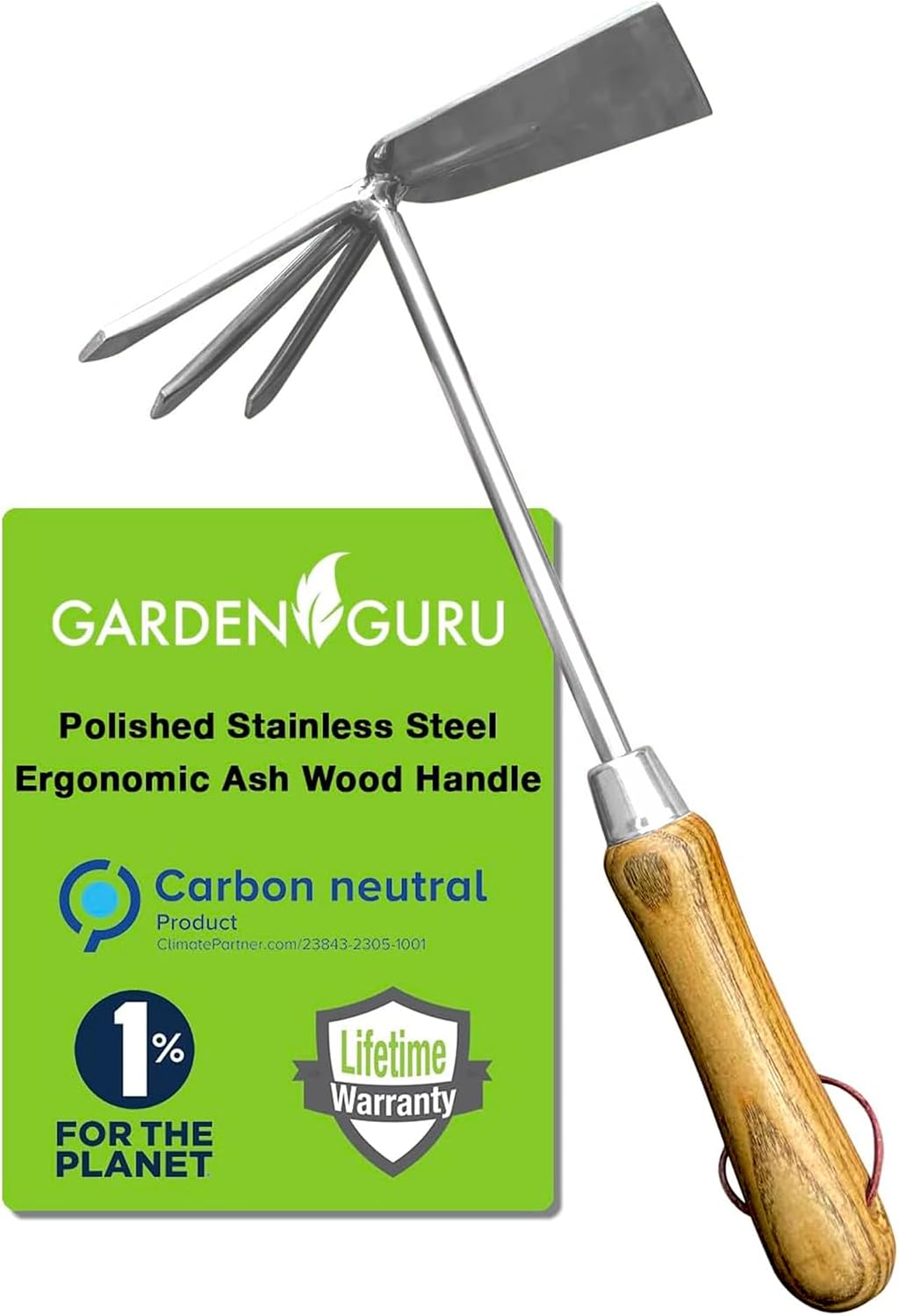 Garden Guru Eco Hand Cultivator Hoe Tiller Tool - 100% Recycled Stainless Steel - Rust Resistant - FSC Certified Wood Ergonomic Handle -Great for Gardening Cultivating Weeding - 1 Case (40 Pcs)