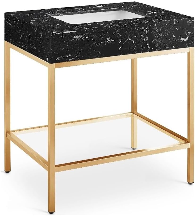 Meridian Furniture 406Black-30 Marmo Collection Modern | Contemporary Bathroom Vanity, Engineered Stone with White Veining, Brushed Brass Stainless Steel Base, 30' W x 23' D x 34' H, White