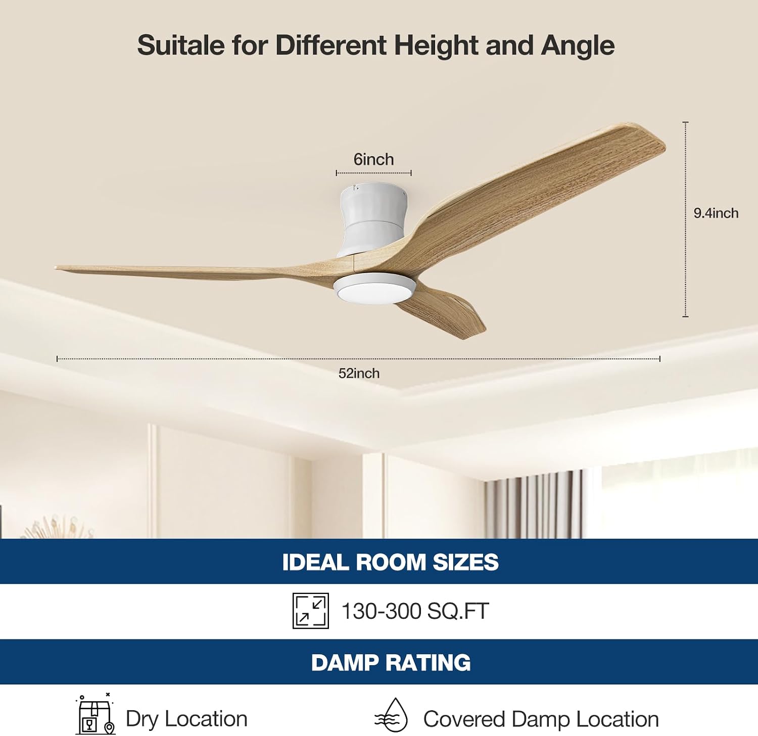 Smart 52' Flush Mount Ceiling Fan with Remote Control, Natural Wood | Quiet DC Motor, WiFi Alexa Voice Control, High CFM Dimmable LED, Low Profile, Reversible, 6 Speeds Adjustment, Time Setting