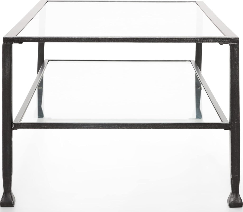 ClickDecor Maddox 2-Tier Tempered Glass Coffee Table with Metal Frame, Console, Living Room Accent Furniture, Rectangular Top with Storage Shelf, Easy Assembly, 48 Inch, Black
