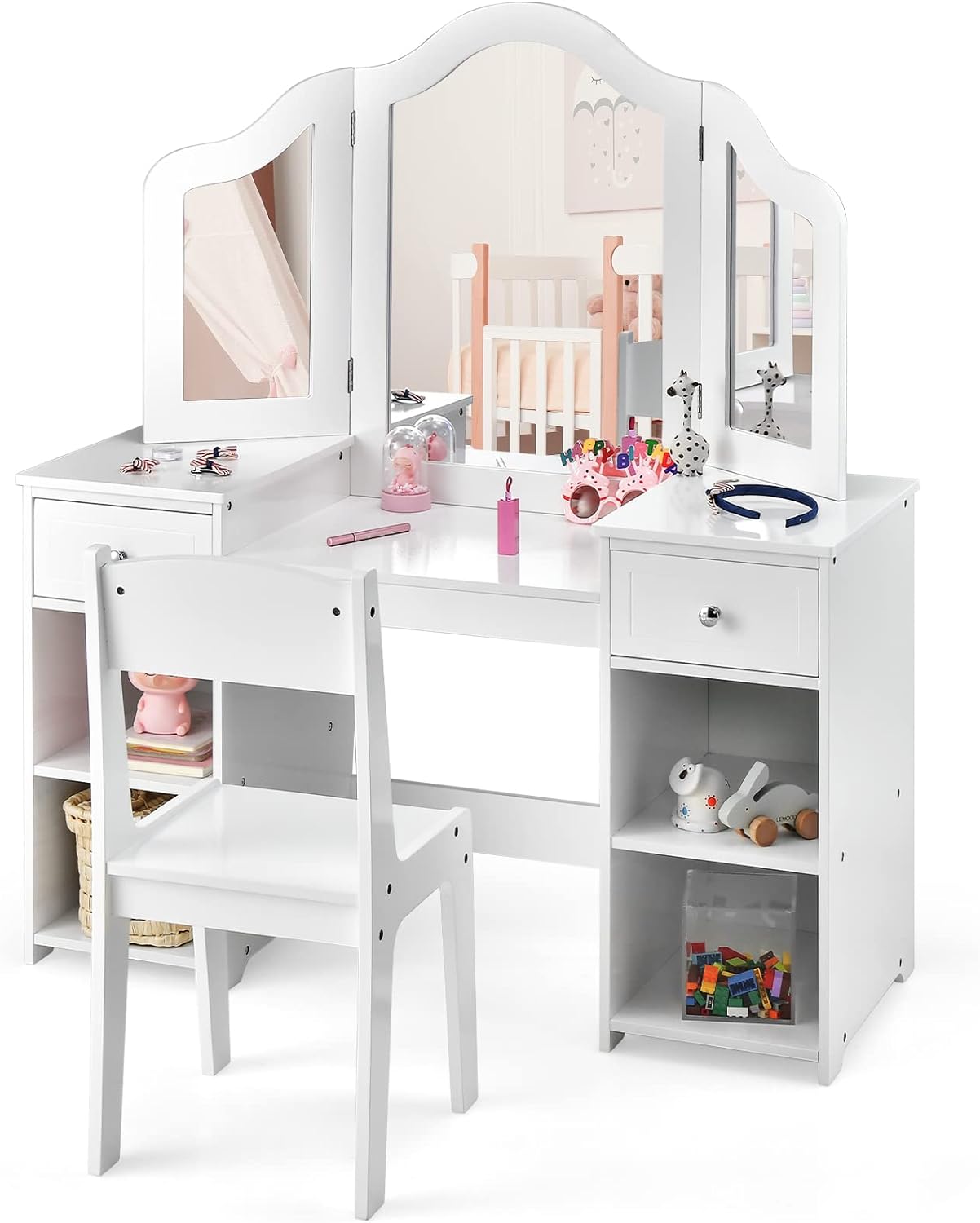 AKUSTIK Kids Vanity, 2 in 1 Wooden Princess Makeup Table and Chair for Toddlers with Tri-Folding Detachable Mirror, Storage Drawers for Little Girls, Pretend Beauty Dressing Desk Play Set Toy Gift