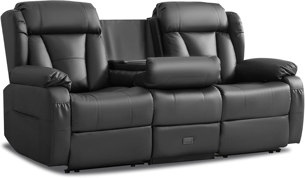 Loveseat Recliner Sofa,3 Seater RV Recliner Couch, Manual Reclining Loveseat with Console for Living Room, Home Theater Seating with AC/USB C/USB and Drawer (Black, 3 Seater)
