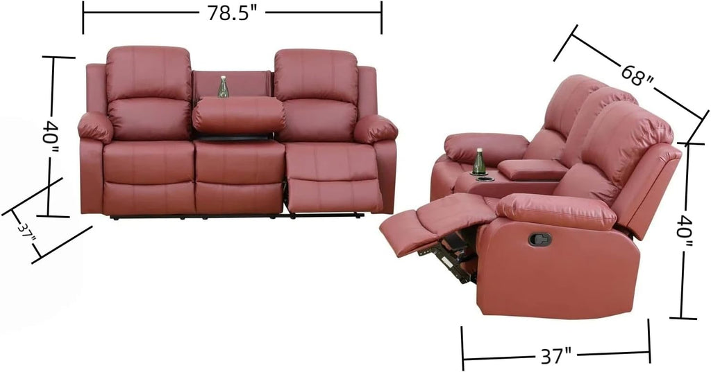 2-Piece Manual Leather Recliner Sofa Set, Adjustable Backrest Reclining Loveseat Sofa & 3 Seater Couch Furniture Set for Living Room, Home Theater, Red