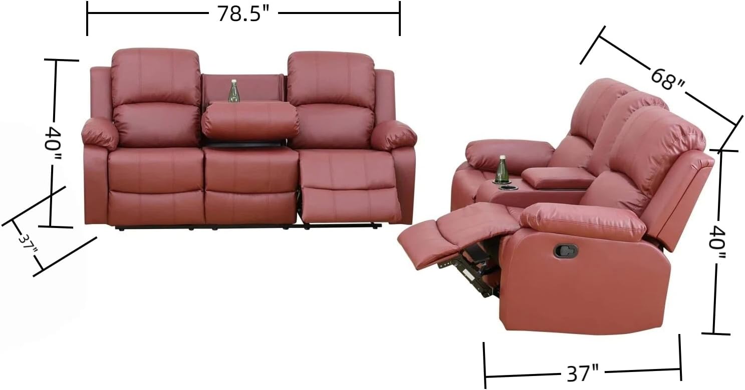 2-Piece Manual Leather Recliner Sofa Set, Adjustable Backrest Reclining Loveseat Sofa & 3 Seater Couch Furniture Set for Living Room, Home Theater, Red