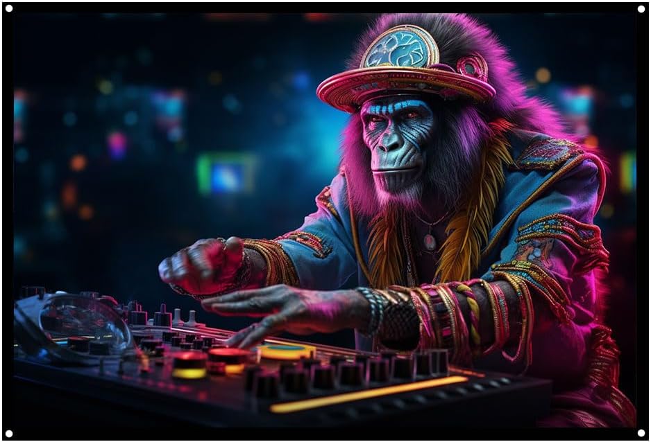 Cyberpunk Monkey DJ, UV tapestry, Blacklight Reactive Wall Hanging, Neon Backdrop, Party Decor, Psychedelic Tapestry, Visionary Wall Art (Large)