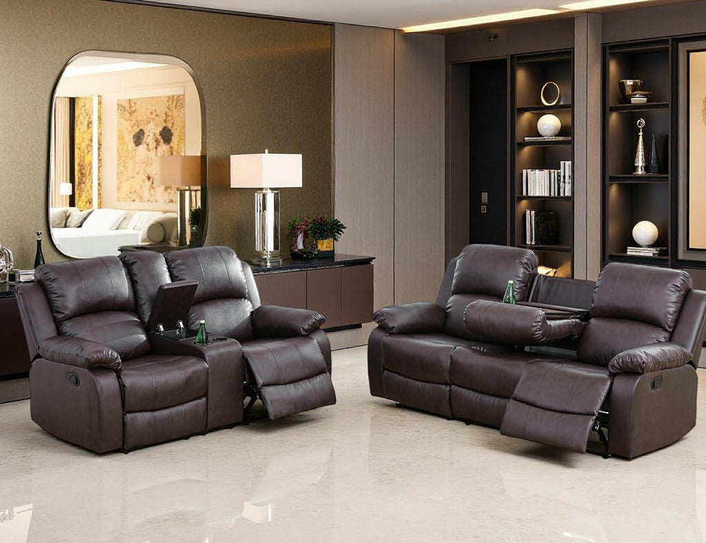 Living Room Furniture Sets, Manual Reclining Sofa and Lovseat Set with Drop-Down Table, Leather Recliner Couch Sets, Recliner Sofa with Storage Console/Cup Holder for Home/Apartment(Brown)