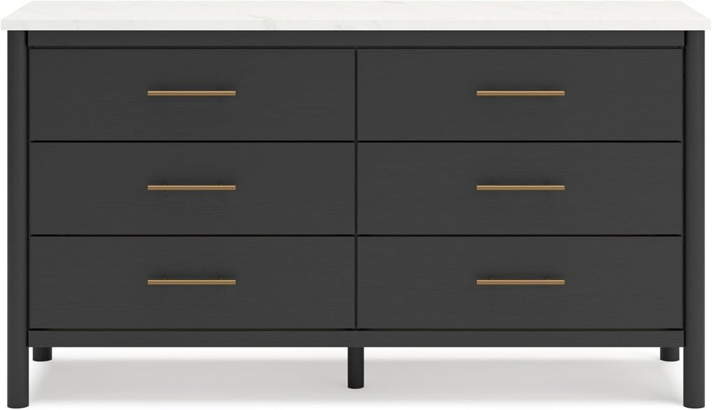 Signature Design by Ashley Cadmori 6 Drawer Dresser, Black Dresser for Bedroom, Matte Black & Replicated White Marble Top, 64' Wide, Engineered Wood Construction, Minor Assembly Required