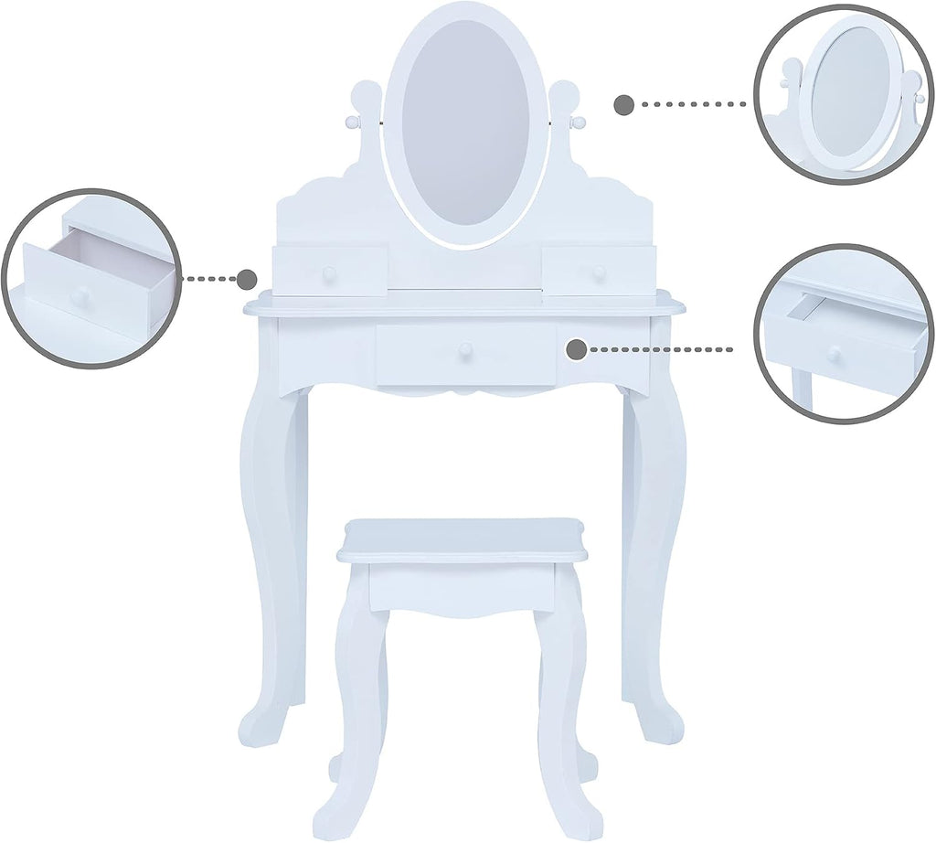 Teamson Kids Princess Rapunzel Wooden 2-pc. Play Vanity Set with Three Storage Drawers, Rotating Oval Mirror and Matching Stool to Play Dress-up, Princess or Beauty Shop, White