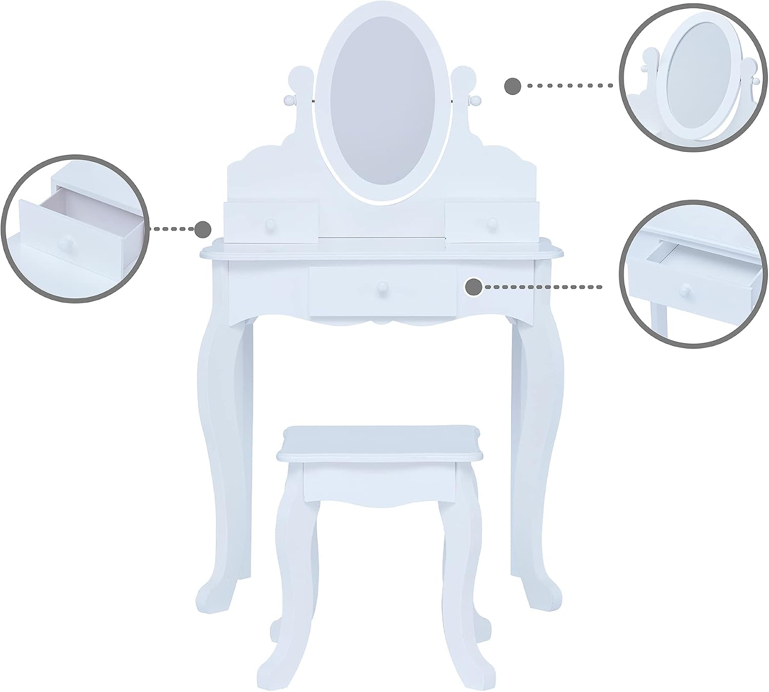 Teamson Kids Princess Rapunzel Wooden 2-pc. Play Vanity Set with Three Storage Drawers, Rotating Oval Mirror and Matching Stool to Play Dress-up, Princess or Beauty Shop, White