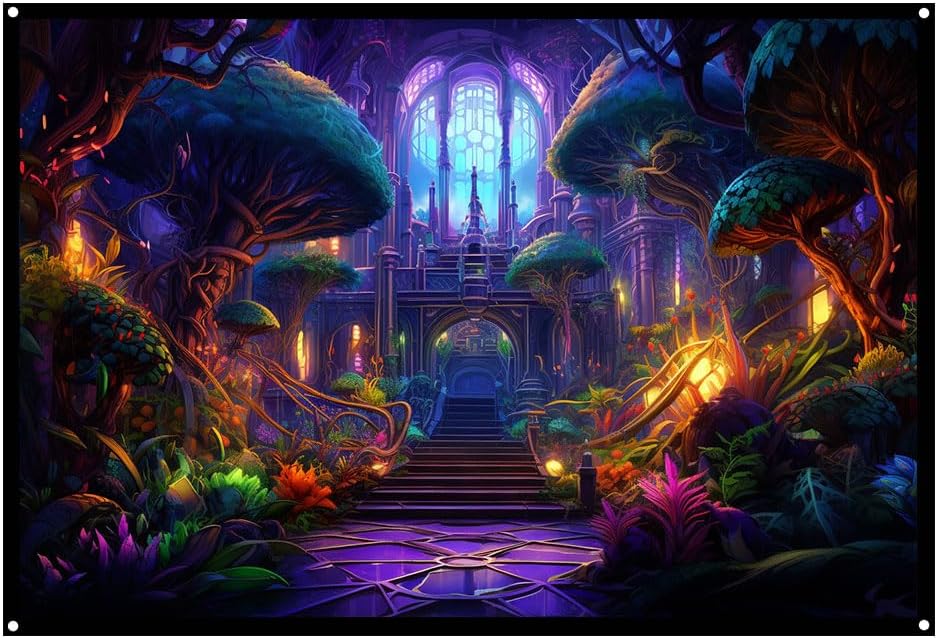 Fairy Land, UV tapestry, Blacklight Reactive Wall Hanging, Neon Backdrop, Party Decor, Psychedelic Tapestry, Visionary Wall Art (Large)