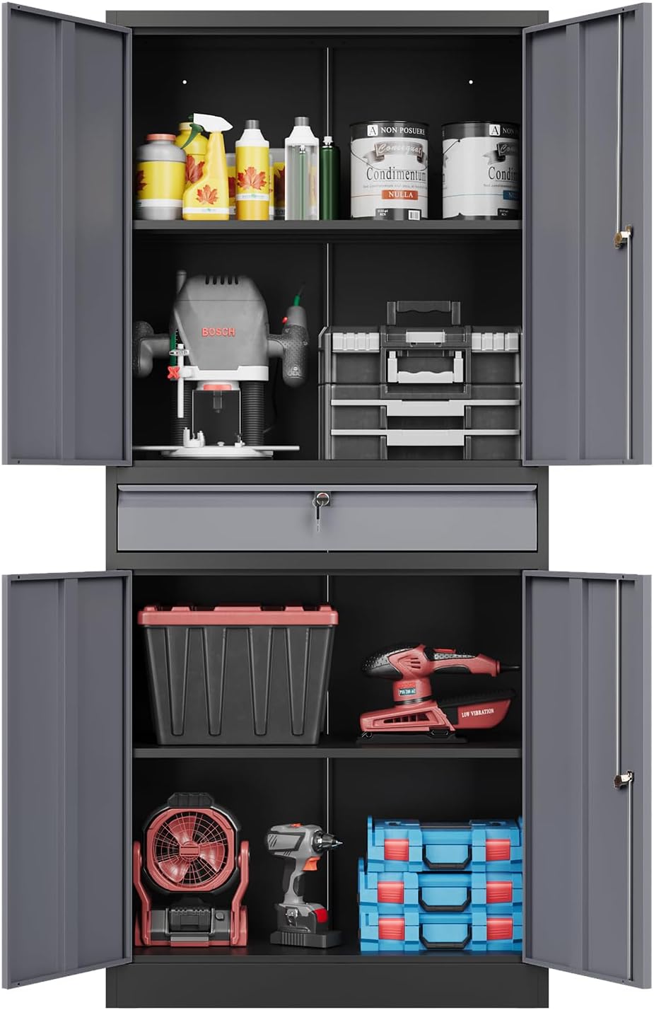 Fesbos 71' Metal Cabinet-Black&Gray Heavy Duty Storage File Cabinet Steel Tool Cabinets with Shelves, Lockable Doors and Drawers- for Garage, Pantry, Warehouse - Assembly Required