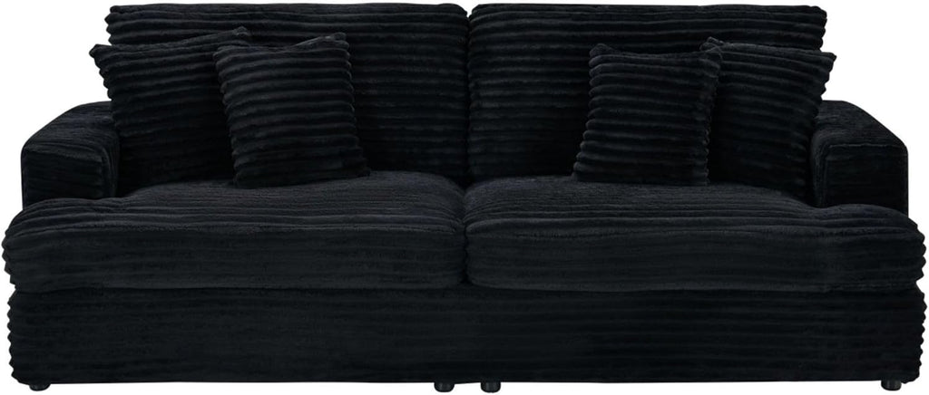 KEIKI 88.58 inch Sofa, Corduroy 3 Seater Couch Sofa with 4 Pillows, Corduroy Sleeper Couch for Living Room, Apartment, Salon, Home Theater, Black