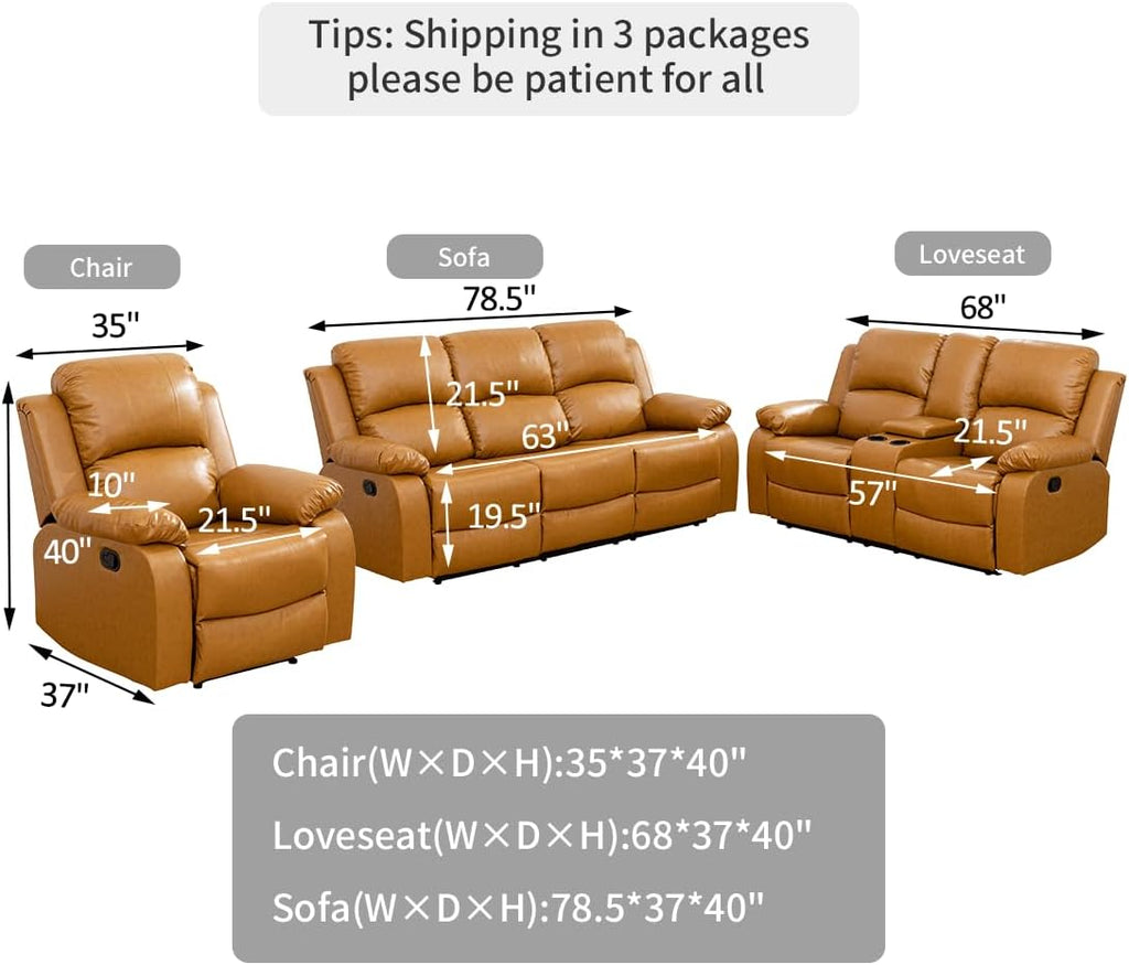Manual Reclining Couch Sofa Set with Drop-Down Table, 3 Pieces Ginger Leather Recliner Couch Sets, Living Room Furniture Sets, Recliner Sofa with Storage Console/Cup Holder for Home/Apartment