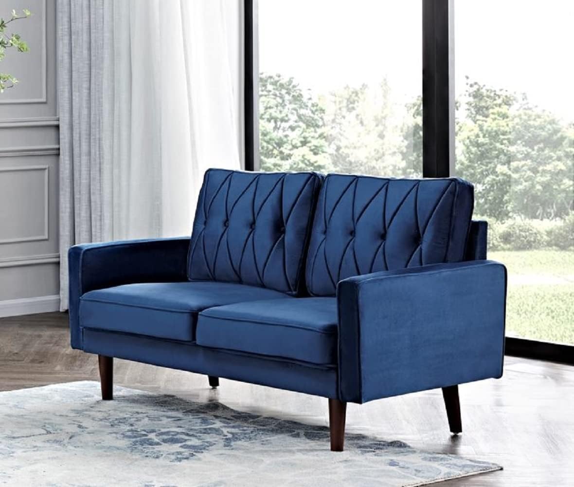 Container Furniture Modern Style Tufted Velvet Couches for Living Room with Soft Fabric Upholstery and Solid Wood Frame, 2 Piece Sofa and Loveseat Set, Dark Blue