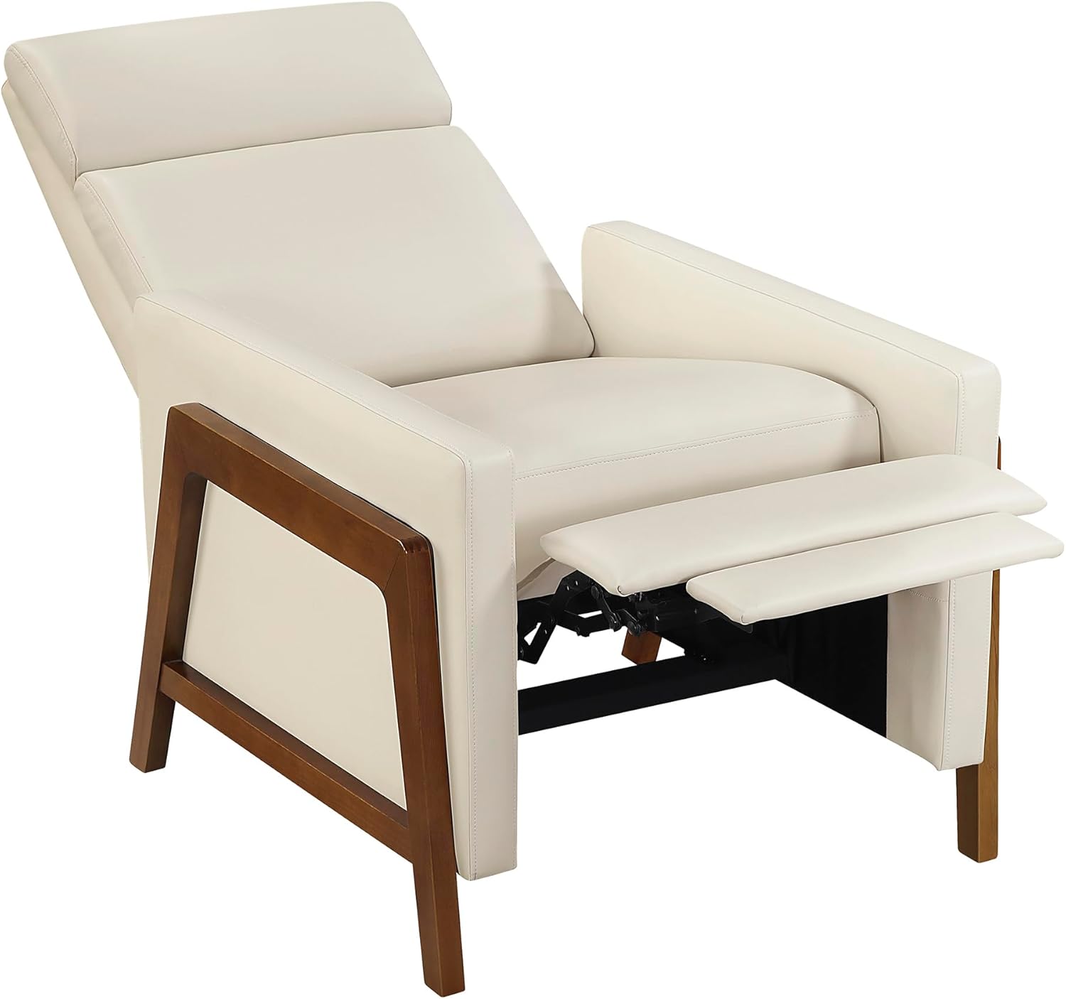 Lexicon Push Back Recliner Chair, Faux Leather Upholstered Reclining Chair with Footrest, Exposed Dark Brown Finish Wood Frame, Small Recliner for Small Space, Living Room, Bedroom, Light Beige