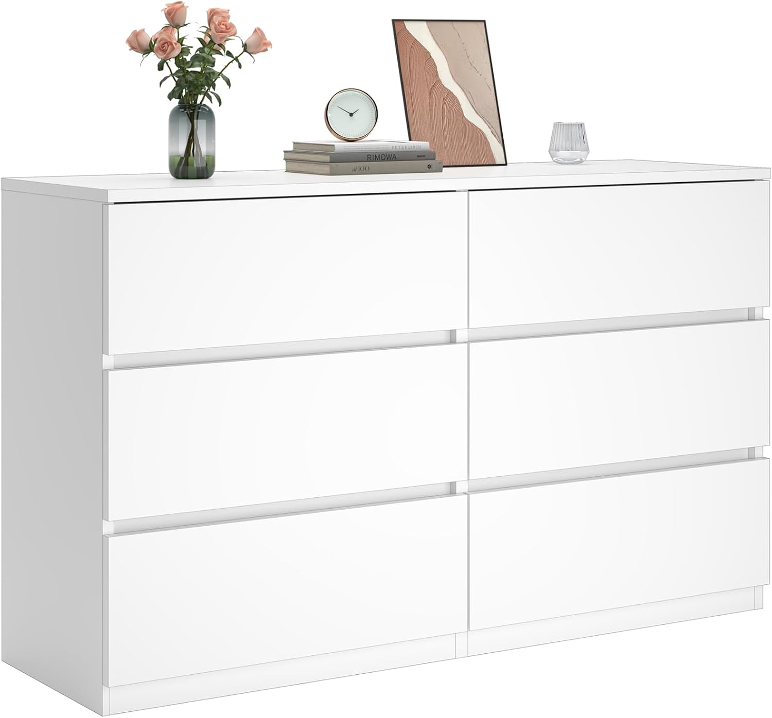 furtble 6 Drawer Dresser for Bedroom, Modern White Chest of Drawers No Handles Large Storage, Wood Dressers with Wide Drawers for Closet, Living Room, Home Office(43.3' W x13.4 Dx 26.4' H)