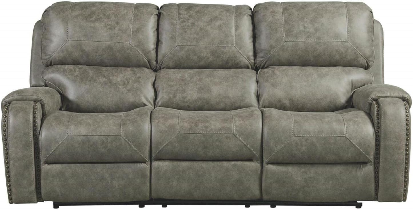 Sunset Trading Calvin 3 Piece Reclining Living Room Set | Sofa, Recliner and Loveseat | Gray Upholstery with Nailheads, Gray with Brass Nailheads, 6-Seater Home Theater Furniture