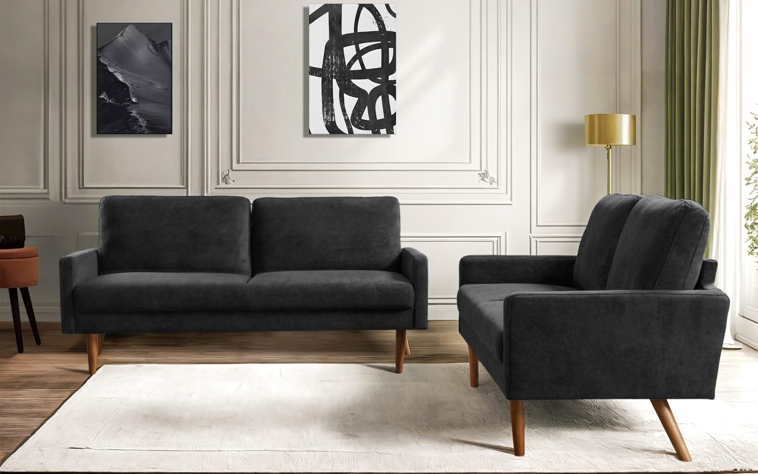 Kent 2 Piece Velvet Sofa and Loveseat Set, European Style with Modern & Vintage Flair, Upholstered 5 Seater Couch, Chic Living Room Furniture Seating for Home, Apartment or Office, Black