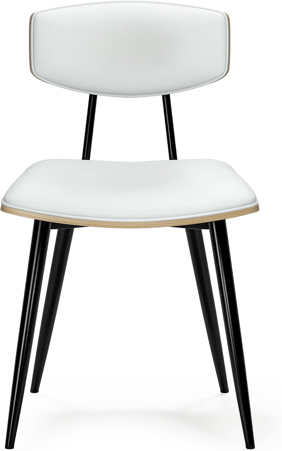 SIMPLIHOME Mavis Dining Chairs - Mid-Century Modern Iron Frame and Vegan Faux Leather Kitchen Chair Set in White, Dining Room Seating with Curved Wood Veneer Backrest and Padded Seat (Set of 2)